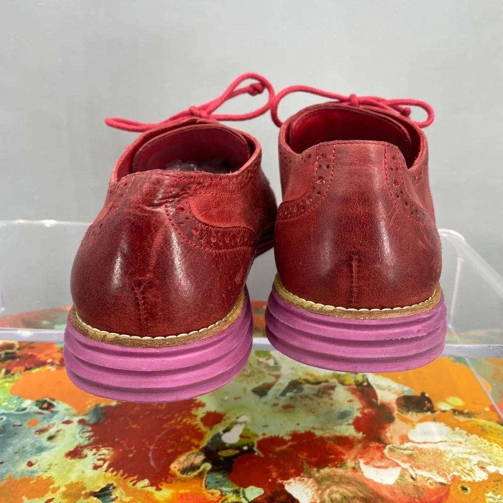 Cole Haan Lunargrand Red Leather Wingtip Oxford Shoes Purple Sole Womens 10